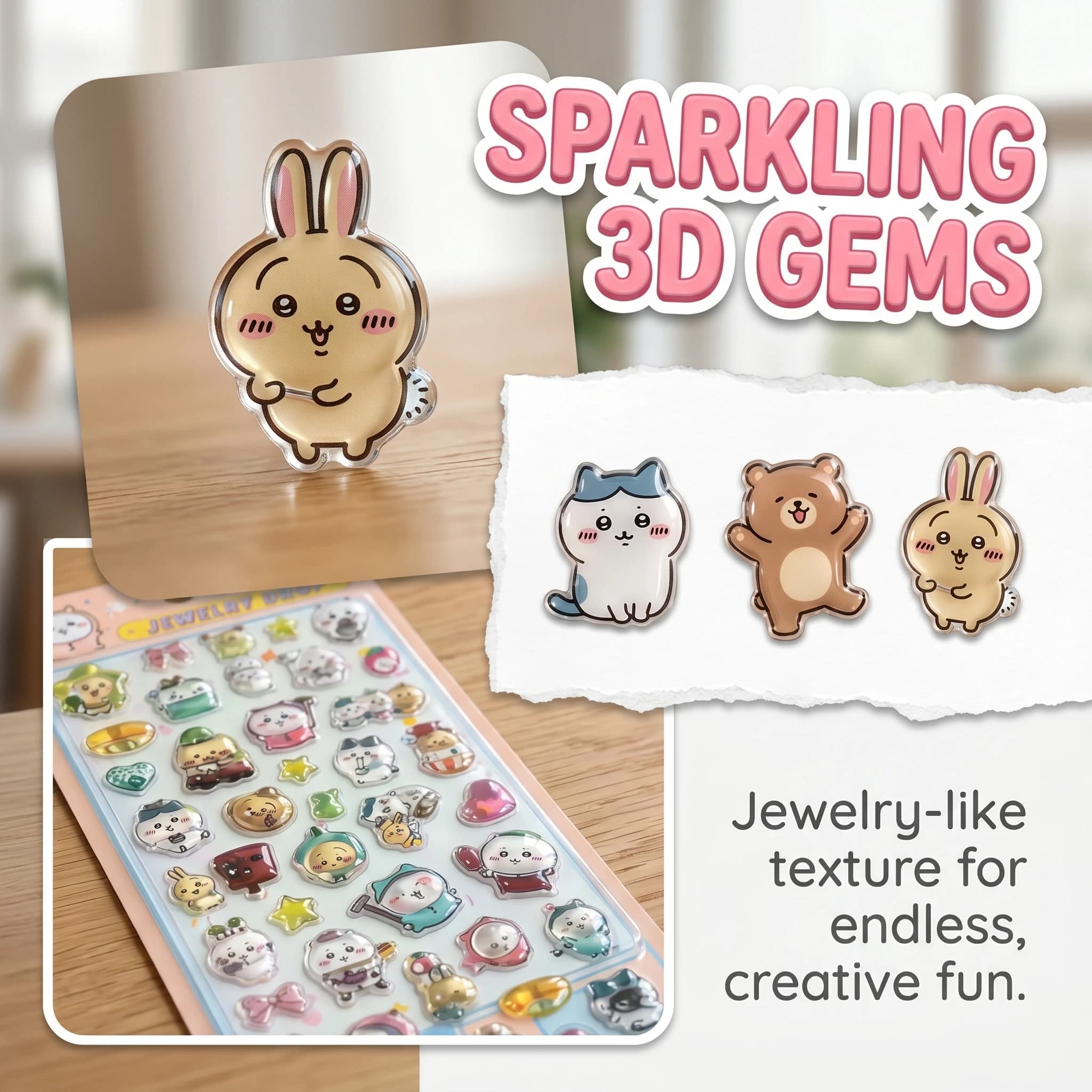 Cute Chiikawa Style Cute Anime 3D Crystal Epoxy Stickers Decals for Phone Case Laptop Scrapbooking Water Bottle DIY Crafts Decor