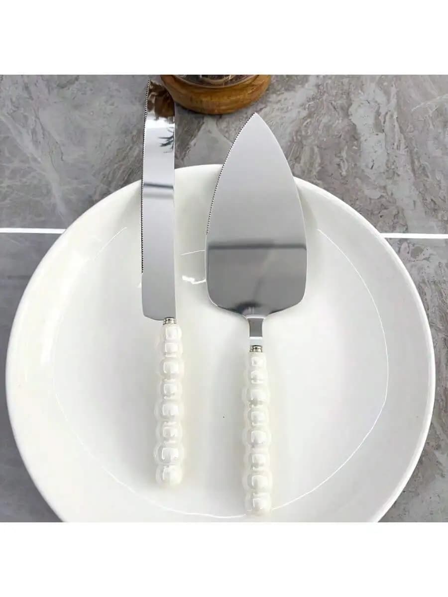 Set di 2 coltelli e paletta per torta in acciaio inossidabile con manico in ceramica perlata, utensili da forno, paletta per pizza e pasticceria