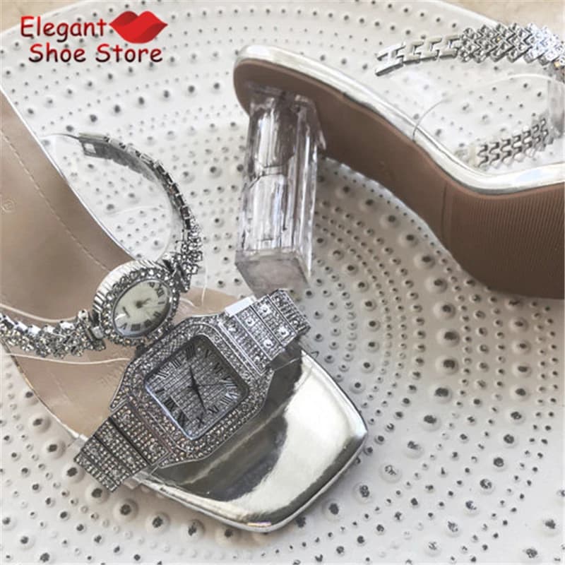 Rhinestone Watch Strap High Heels Slippers for Women Square Toe Transparent Thick Heel Sandals Summer Elegant Party Dress Shoes