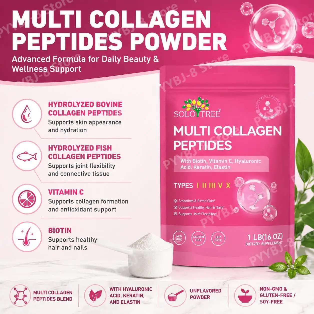 SoloTree Multi Collagen Peptides Powder with Biotin & Vitamin C, Hyaluronic Acid, Keratin & Elastin, Unflavored, 41 Servings