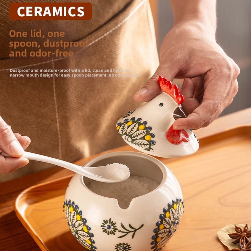 Grazioso barattolo per condimenti a forma di gallina con coperchio e cucchiaio, in ceramica con decorazioni sottosmalto e dipinte a mano, contenitori da cucina per sale e zucchero