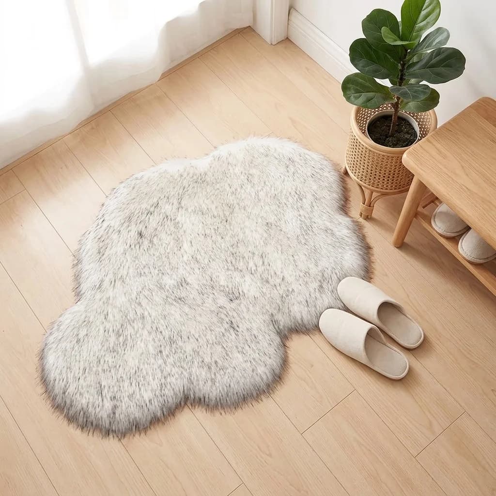 A Gradient Cloud-Shaped Plush Carpet with Unique Texture, Cream-Colored Natural Wood Style Entrance Mat, Bedroom Bedside Noise-Reducing Non-Slip Ambiance Rug