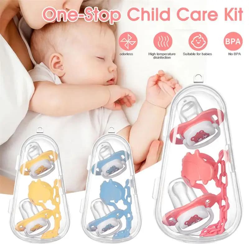Ciucci per neonati 3 in 1 Set 2 pezzi capezzolo in silicone + clip per ciuccio per neonato giocattolo da masticare scatola di immagazzinaggio antipolvere articoli per bambini