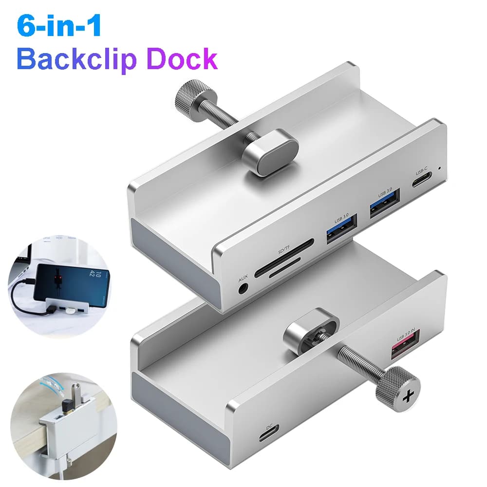 Dock con clip nero 6-IN-1 HUB USB 3.0 da 5 Gbps Adattatore splitter multi USB esterno in lega di alluminio per desktop portatile con slot per scheda TF