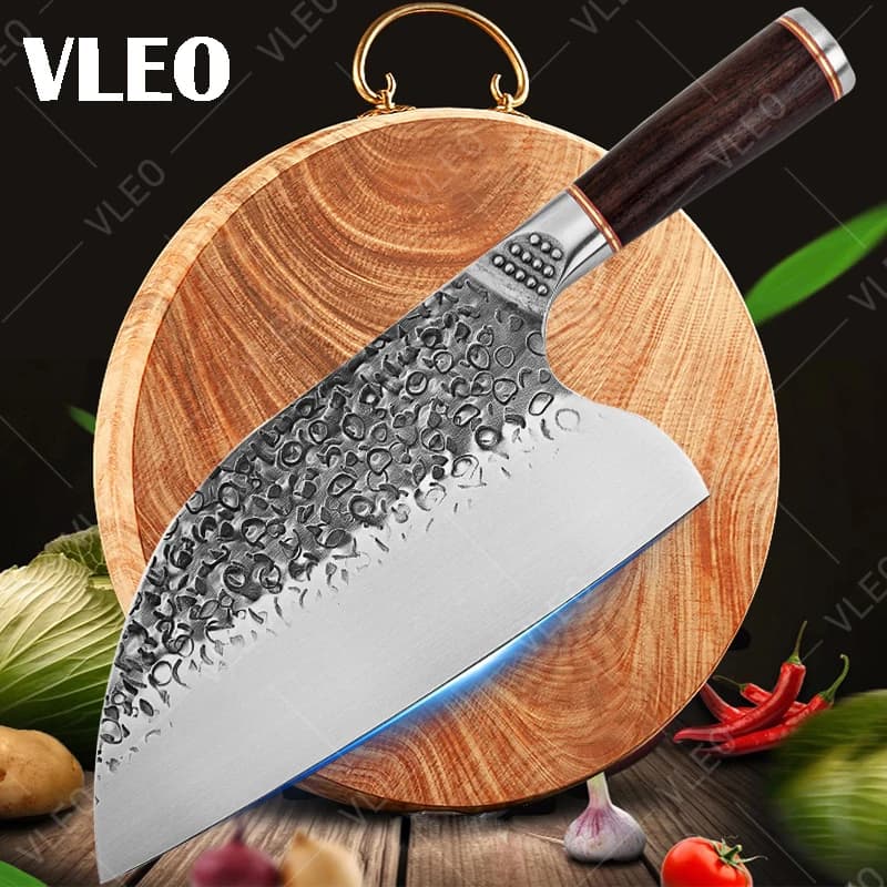 VLEO Coltello da macellaio fatto a mano Coltello forgiato completamente Tang Mannaia da cucina Coltelli da cuoco per carne Coltello per affettare in acciaio inossidabile Manico in legno