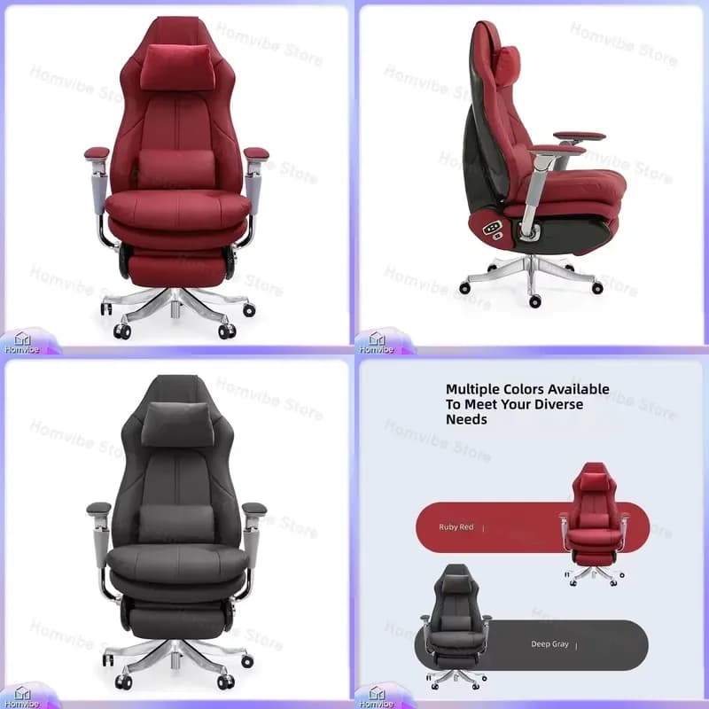 Ergonomic Gaming Chair with Electric Lift Height Adjustment Tilt Recline Function Premium Full Grain Cowhide Leather Strong