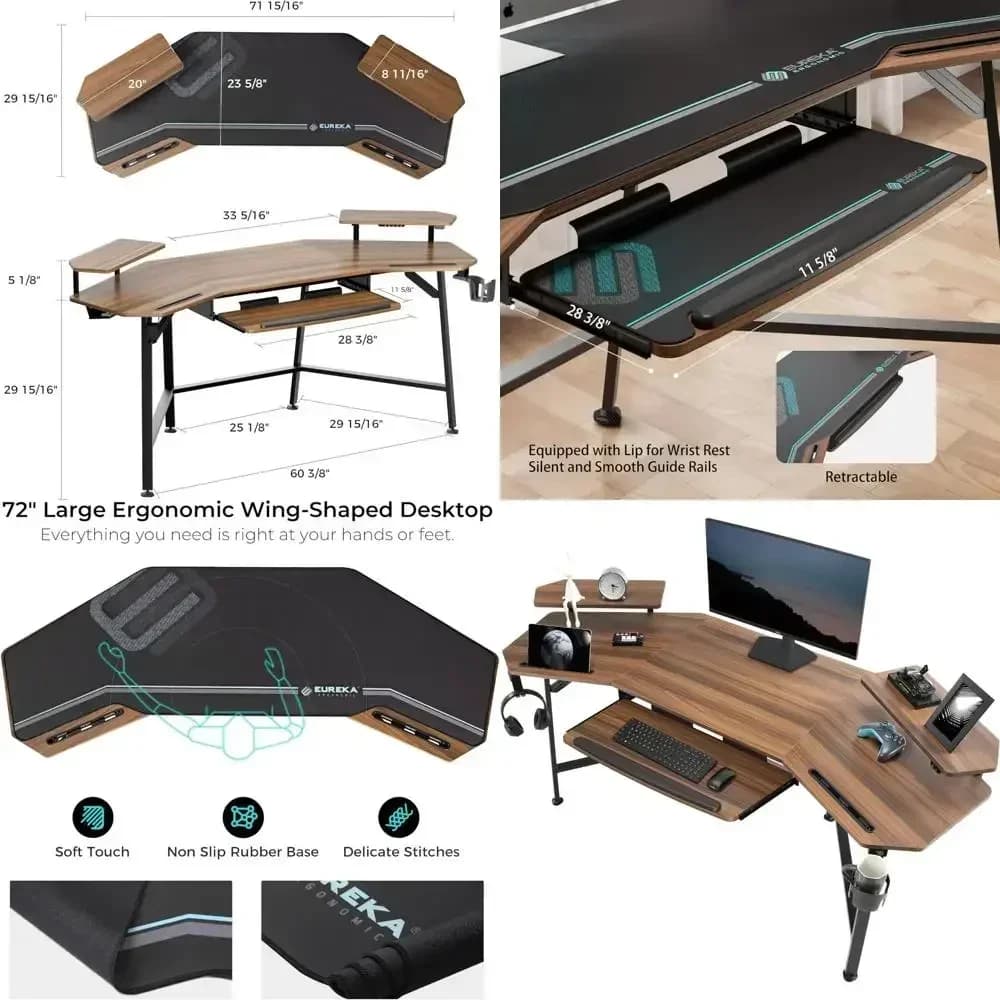 Scrivania da gaming da 72 pollici con vassoio estraibile per tastiera, scrivania musicale con design a ala, spaziosa scrivania per computer con illuminazione a LED.