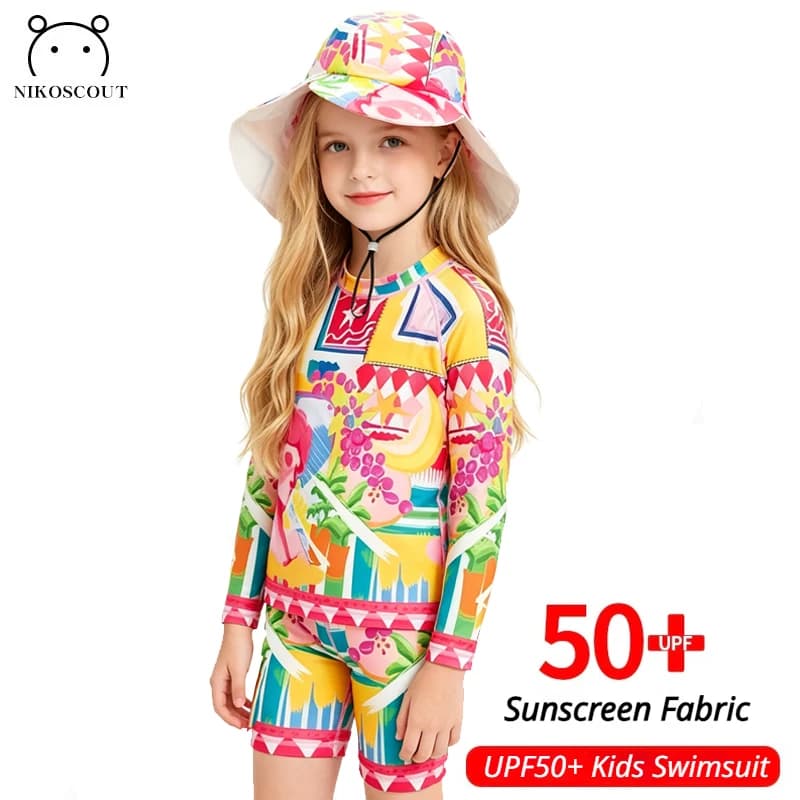 Summer 2025 New Boys' Baby Dopamine Sunscreen Long Sleeve Split Seaside Children's Swimsuit for Girls' Swimwear