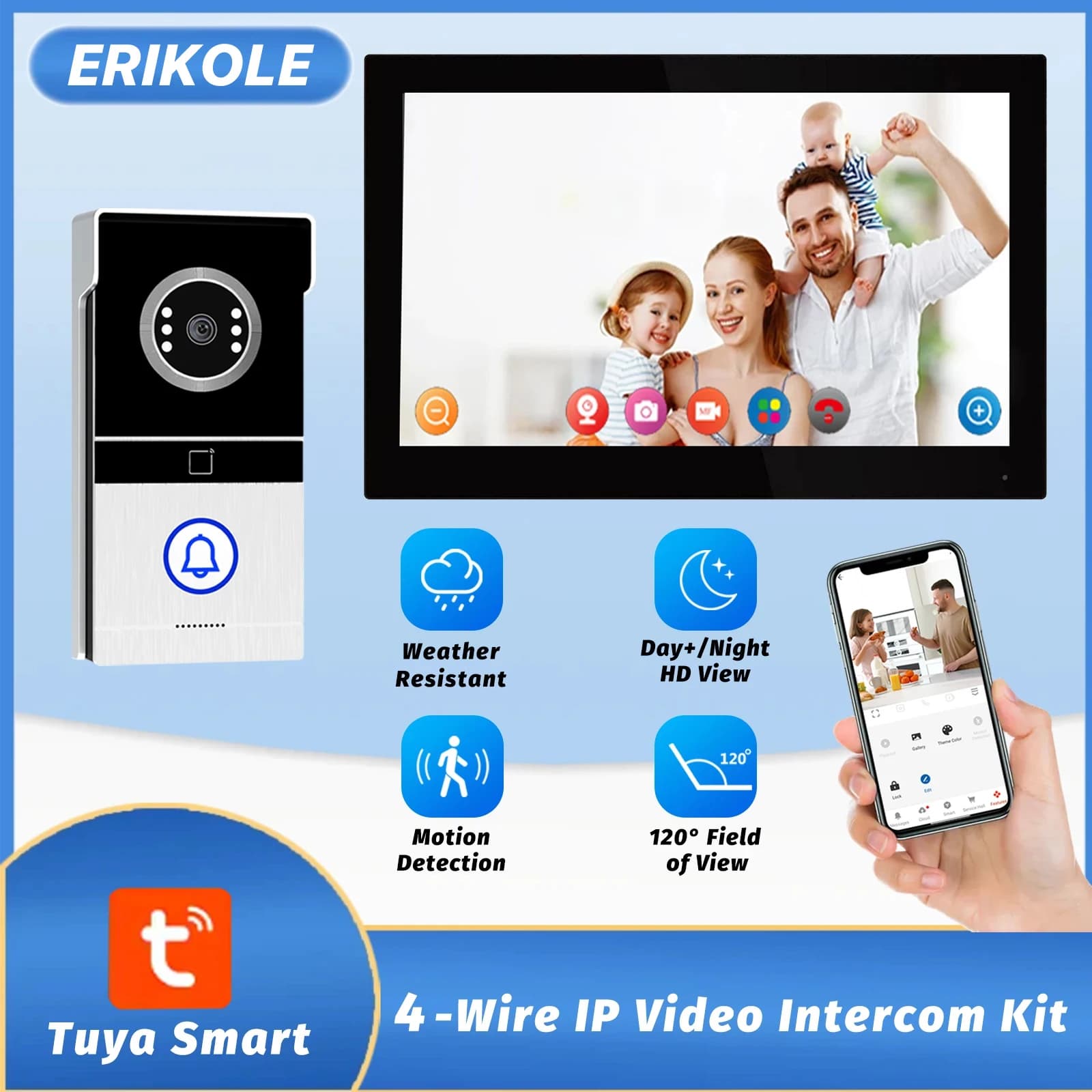 Videocitofono WiFi Tuya da 2,4 GHz con display HD da 7", visione notturna dual-mode e design impermeabile, videocitofono per villa/cancello
