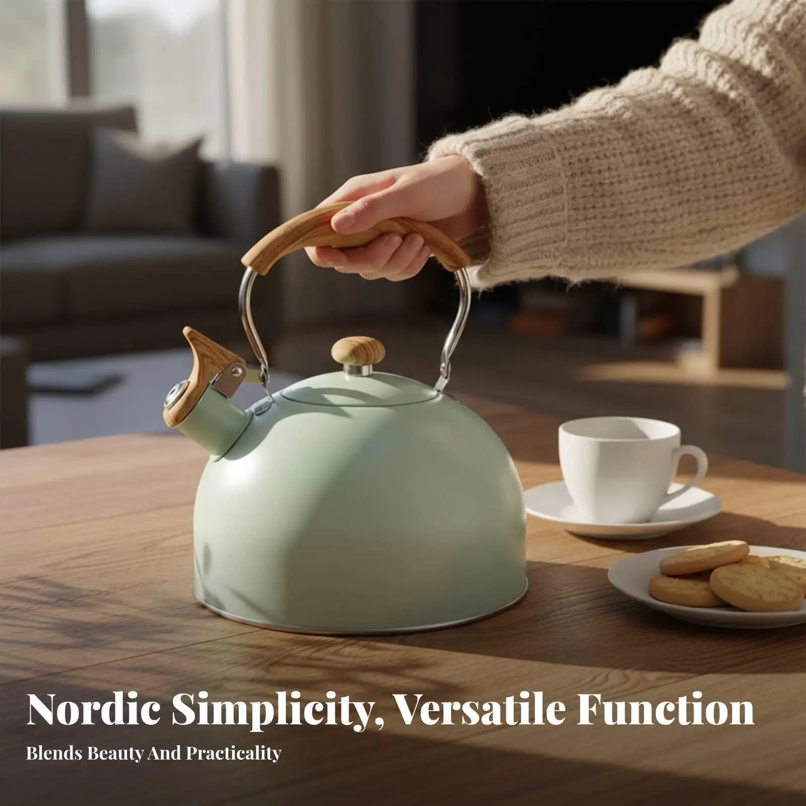 Durable Stainless Steel Whistling Kettle for Camping Stove Top Tea Boiling Pot with Wood Grain Handle Kitchen Tool