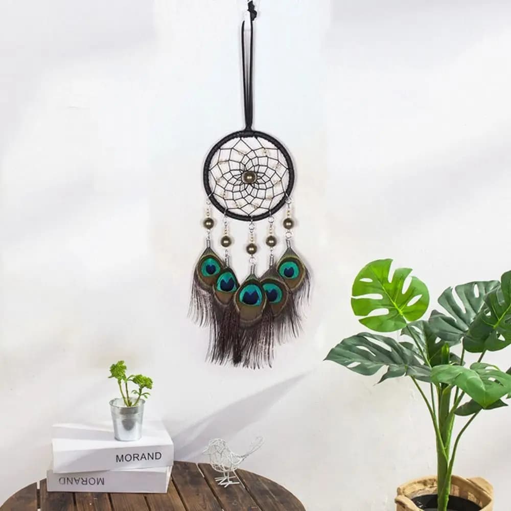 Multipurpose Peacock Feather Outdoor Decor Hand-woven Decoration Crafts Car Hanging Pendant Wind Chime Dreamcatcher Ornament