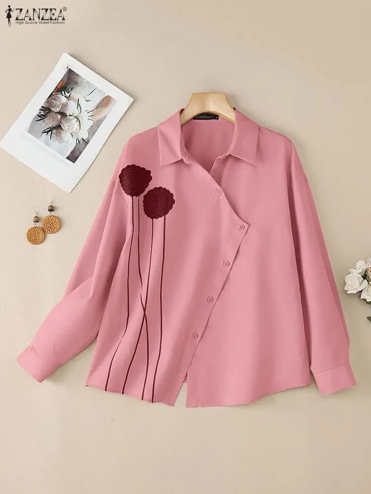 2025 ZANZEA Autunno Camicie stampate floreali Donna Elegante risvolto Collo Manica lunga Top Elegante lavoro d'ufficio Camicetta Bottoni Up Blusas