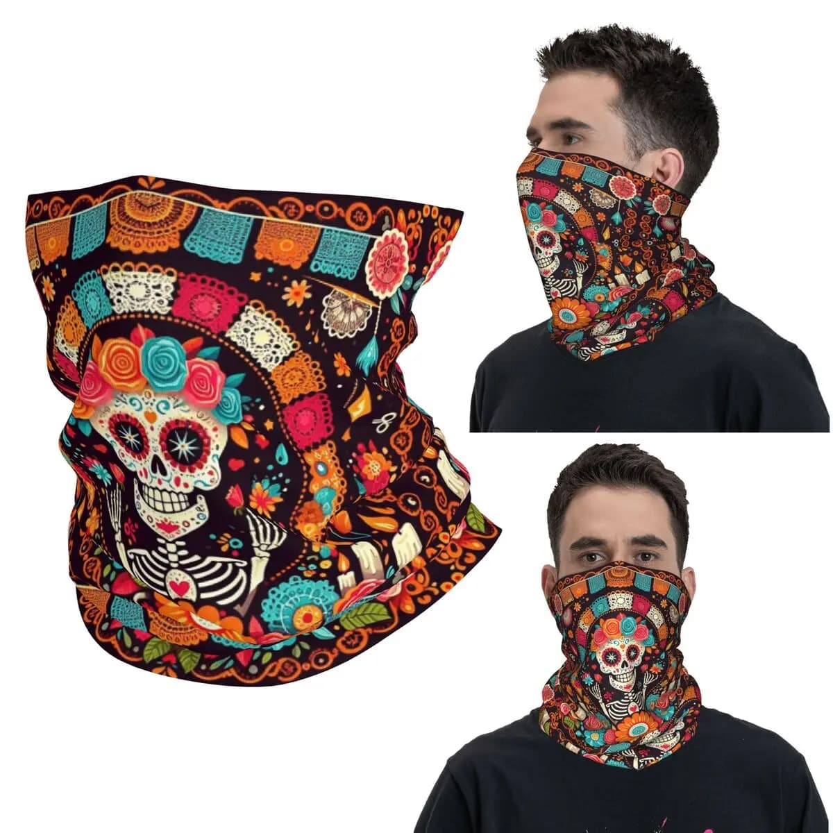 Teschio messicano Calavera Illustrazione Bandana Ghetta per il collo Sciarpa avvolgente stampata Maschera multiuso da corsa