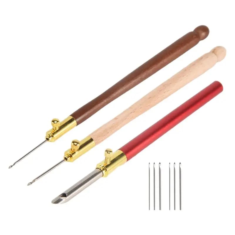 Set di 3 Uncinetti per Ricamo con Manico in Acciaio Inox e 9 Aghi, Strumento per Cucito Francese, Perline e Paillettes