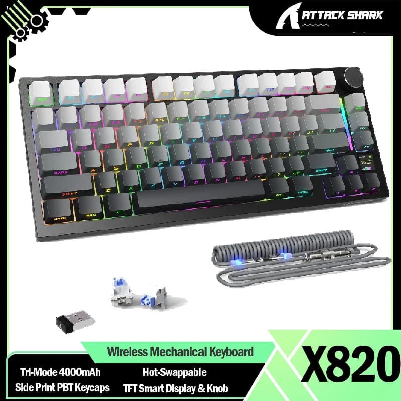 Nuova Tastiera Meccanica Wireless ATTACK SHARK X820 75% con Display Smart TFT e Manopola, Hot Swappable, LED RGB Orientati verso il Sud