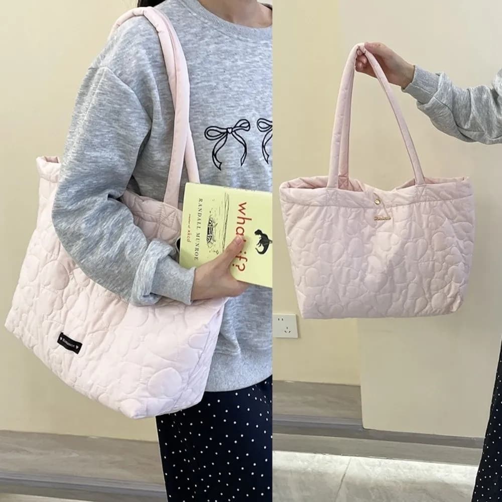 Women Large Capacity Shoulder Bag Cotton Padded Heart Embroidery Down Handbag Solid Color Tote Bag