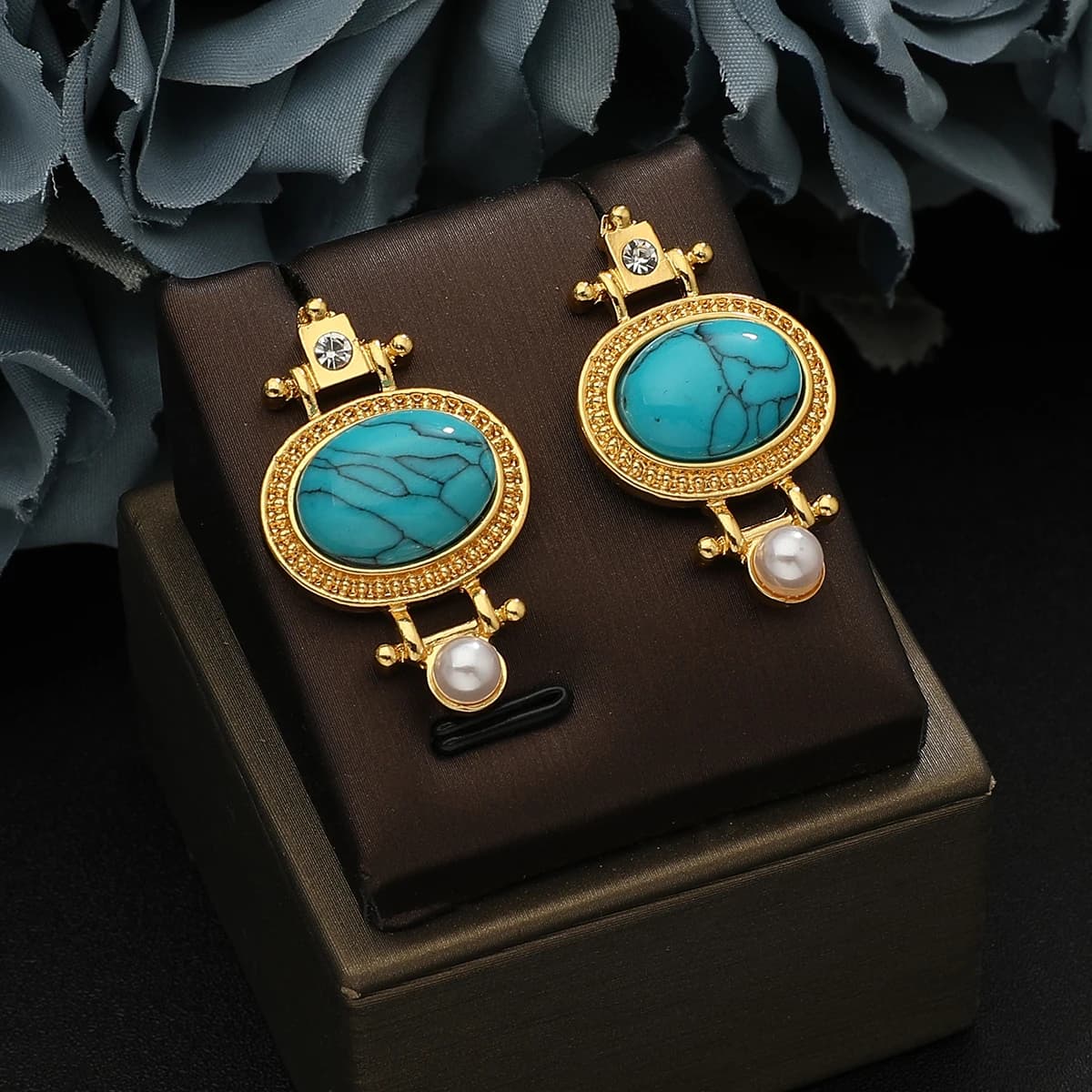2026 New Vintage TurquoisePearl Drop Earrings, 18K Gold Plated Oval Studs not fade Boho Ethnic Crystal Jewelry for Women
