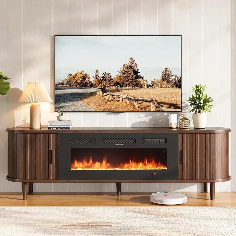 Mobile TV Moderno 70 Century, Centro Intrattenimento con Porte Scorrevoli, Gambe in Legno Massello, Arredamento Soggiorno in Noce