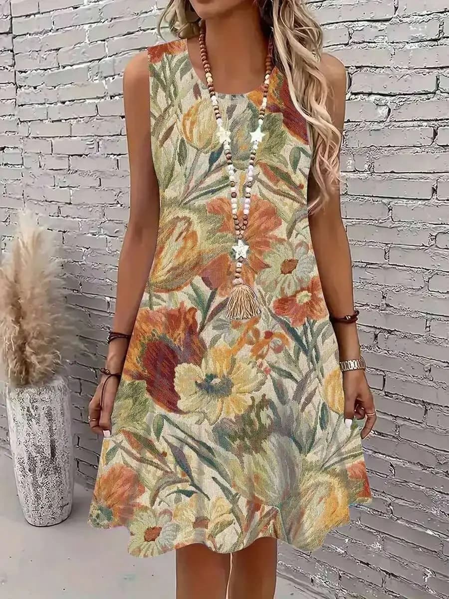 Abito senza maniche con stampa floreale, tasca e collana con nappe per un look casual e relax