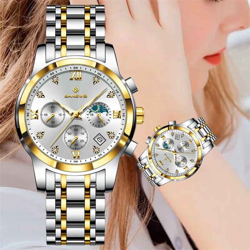 BANGWEI Nuovo orologio di lusso con diamanti per donna, orologio da donna luminoso impermeabile in acciaio inossidabile, cronografo al quarzo semplice ed elegante