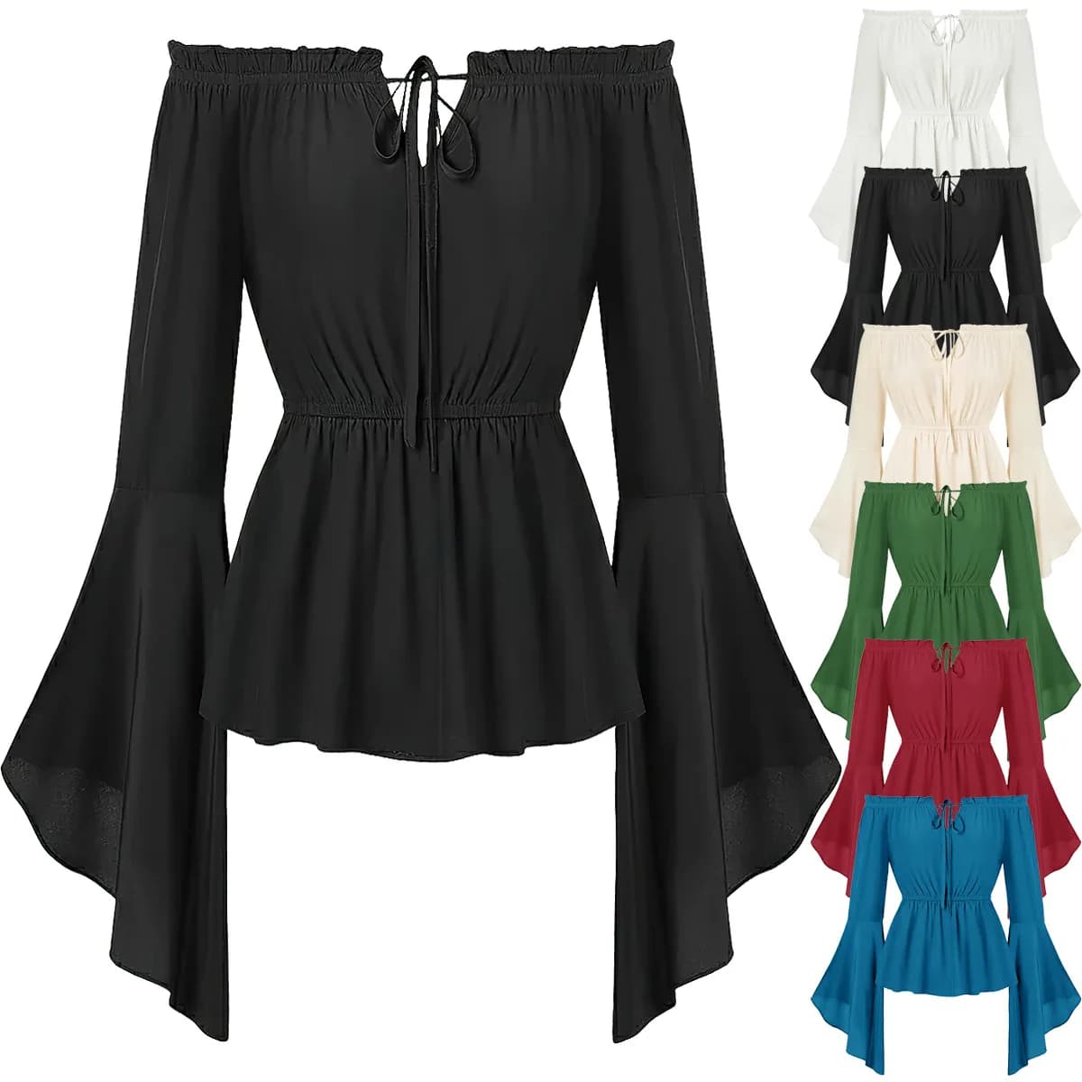 Off Shoulder Medieval Costume Blouse Women Renaissances Flared Sleeve Smocked Waist Top