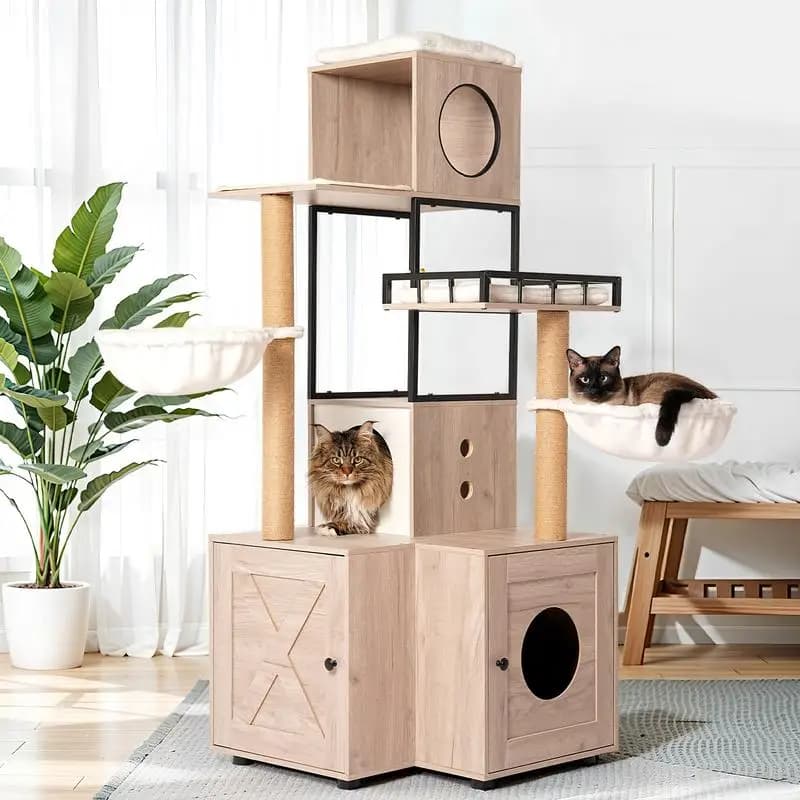 Albero per gatti da 63" con lettiera - Cuscino lavabile rimovibile, tiragraffi e appendiabiti, design rustico moderno, colore grigio