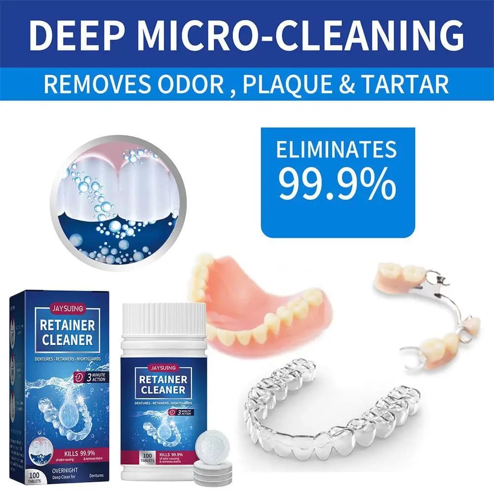 100 Pastiglie Detergenti per Dentiere e Apparecchi Ortodontici, Rimuovono Odori, Pulizia Orale, Rinfrescano l'Alito