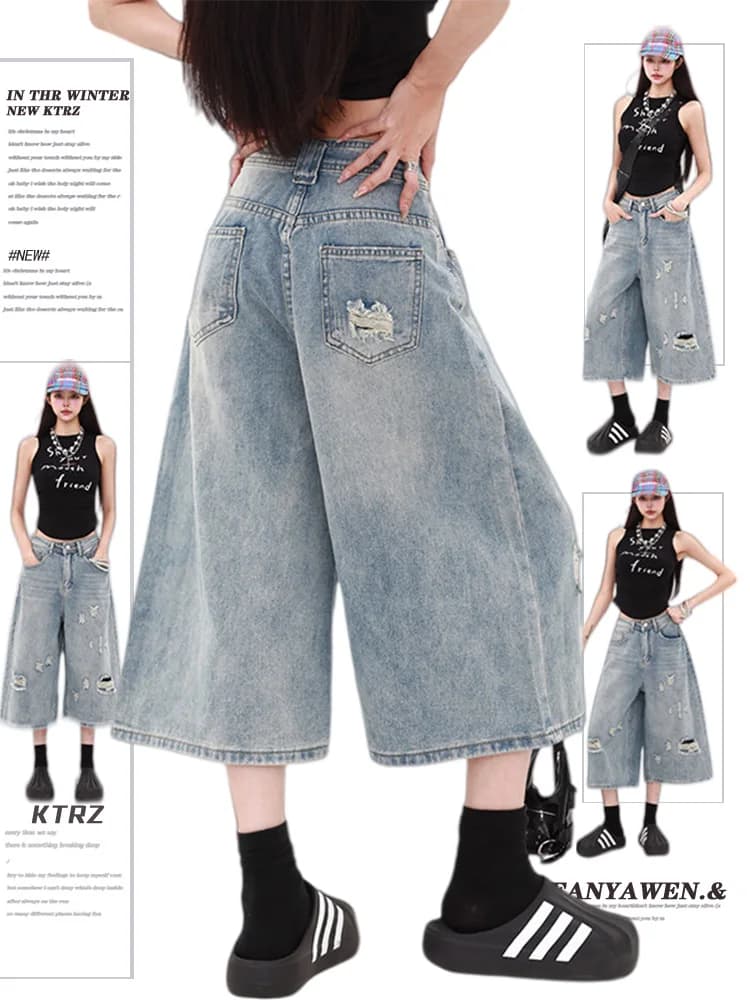 American Style Vintage Ripped Seven-Foot Women's Jeans High Waist Slimming Eight-Foot Medium Pants Wide Leg Six-Foot Poplar S...