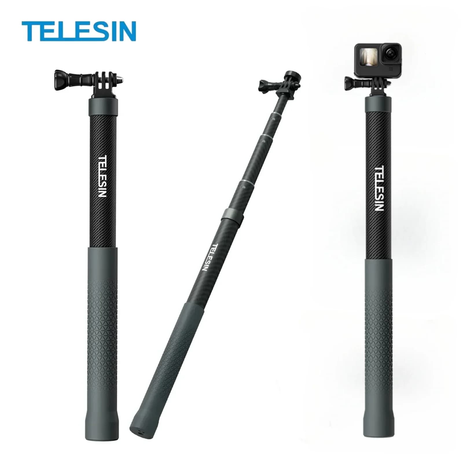 Telesin 1.2M 3M Selfie Stick Carbon Fiber for Gopro Hero13 12 11 10 9 DJI Action 5 4 3 Insta360 Waterproof Light Monopiede