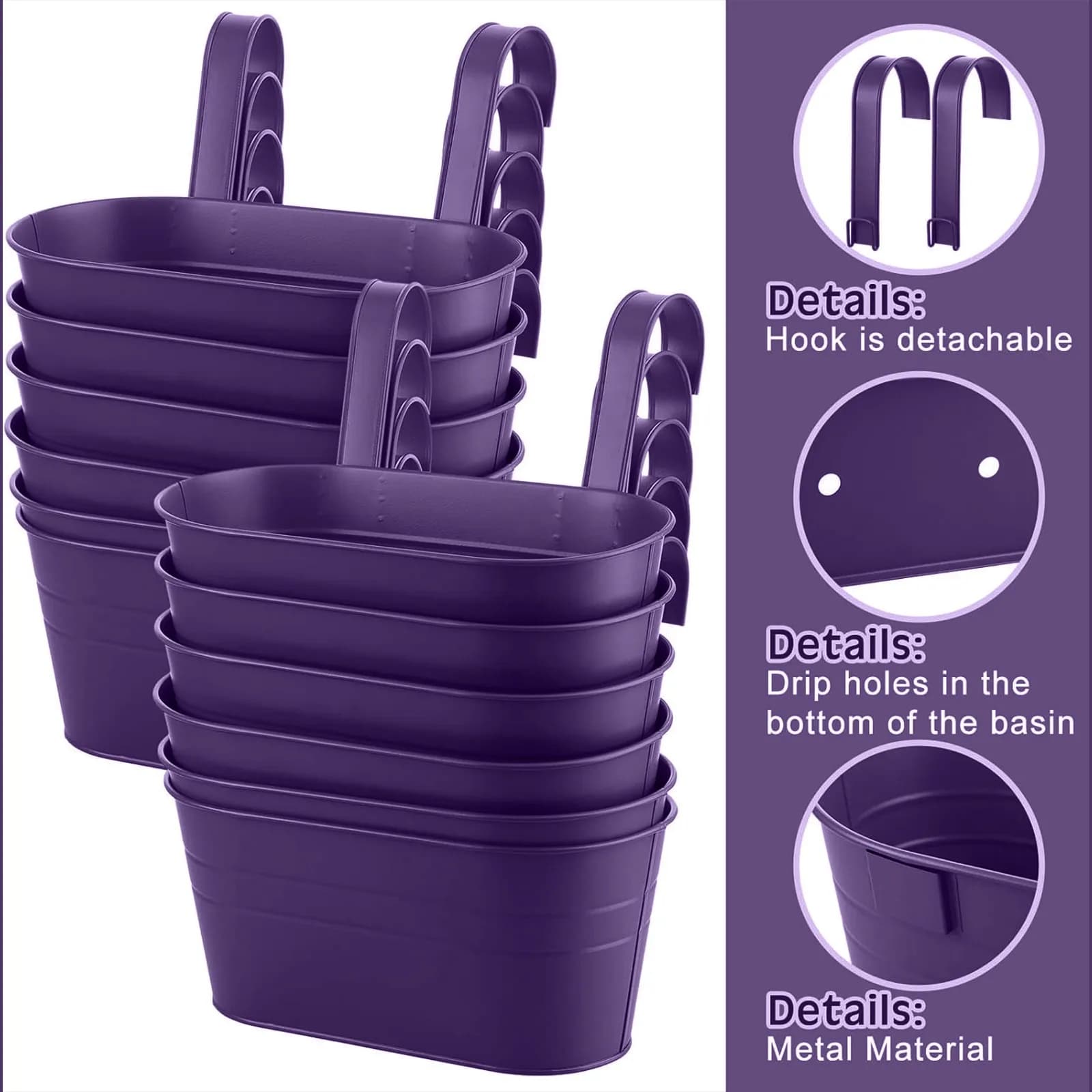 Hanging flower pots in metal iron Gardener with detachable hook, durable herbal pots perfect for home decoration of fence