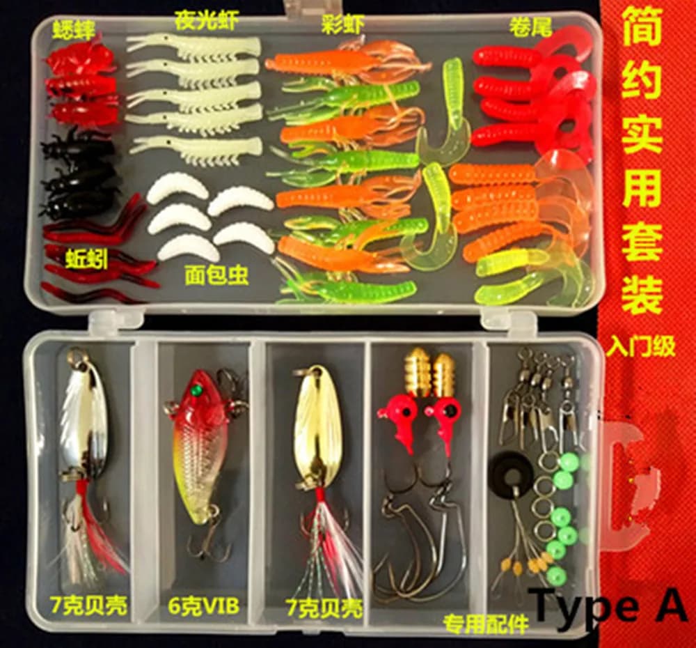 1 set di esche da pesca per esterni, kit di esche morbide e dure con accessori, scatola per attrezzatura