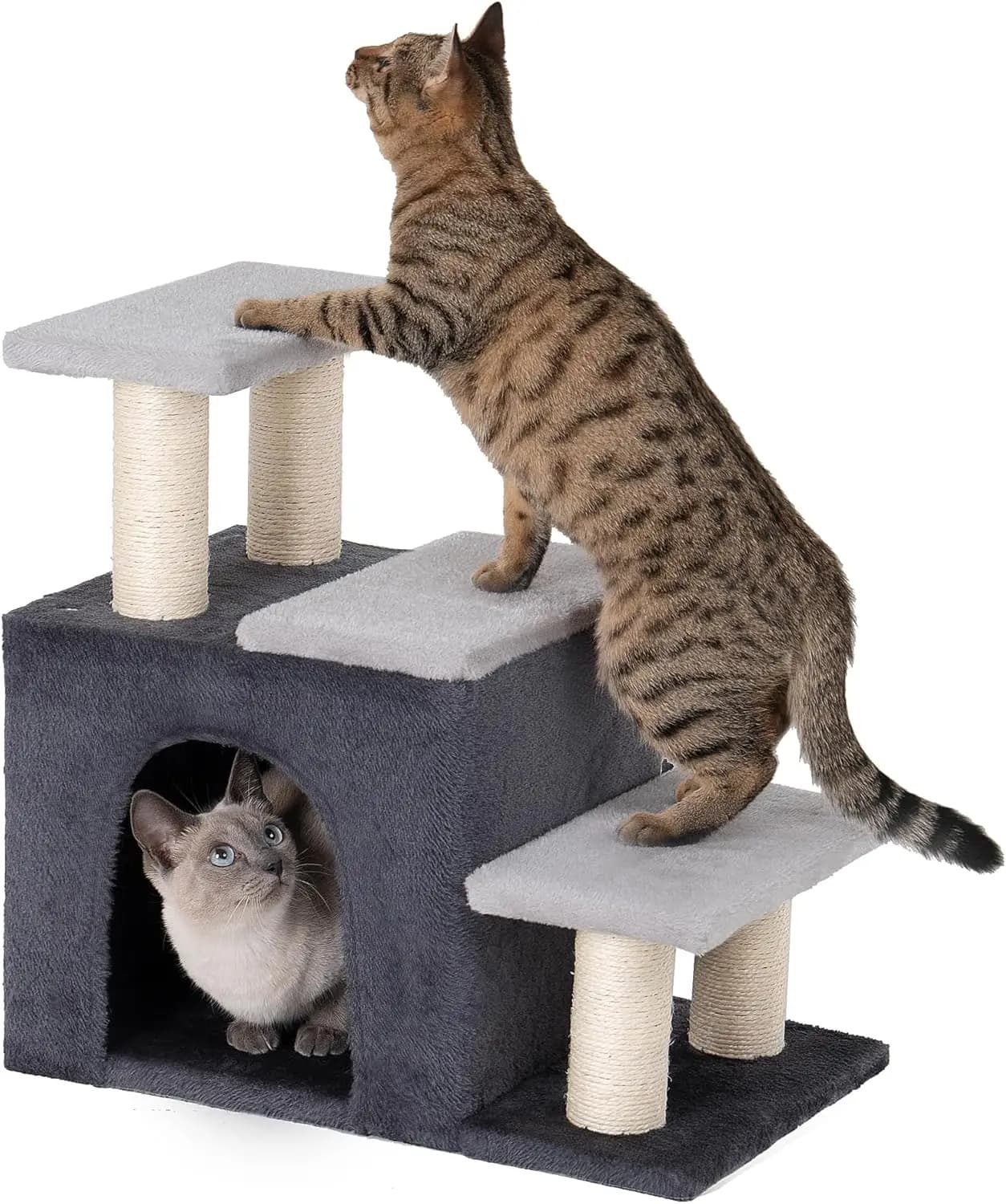 Scala 3-in-1 per Cani e Gatti, Scaletta da Interno con Tiragraffi in Sisal, Grigio Taglia Media