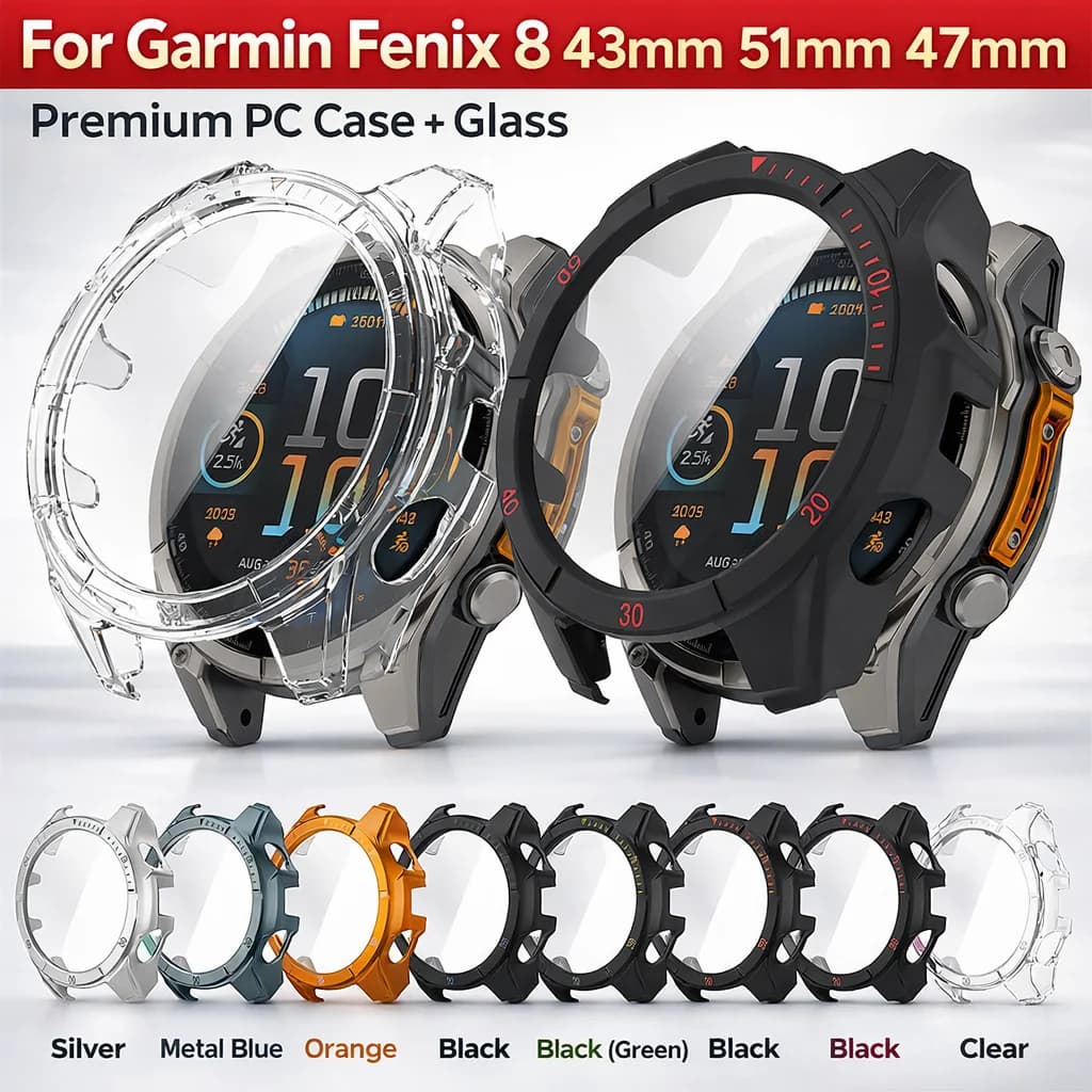 Custodia per PC + protezione per schermo in vetro per Garmin Fenix 8 43mm 47mm 51mm Copertura protettiva per paraurti antigraffio