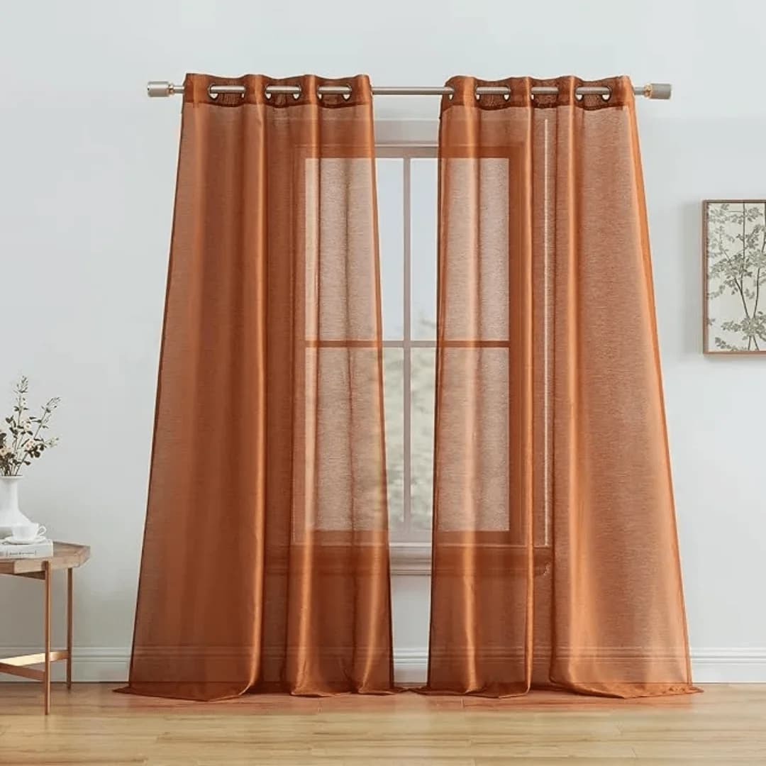 2 Pack Thick Semi Sheer Voile Curtains Rust Orange Grommet Light Filtering Panels For Bedroom Living Room