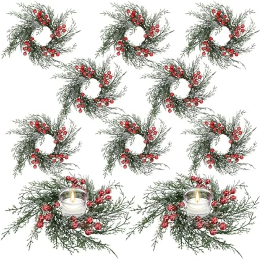 Set di Anelli per Candele Natalizi, Ghirlanda Artificiale con Bacche Rosse e Pino Innevato, Supporto per Anelli di Candele per Decorazioni Natalizie