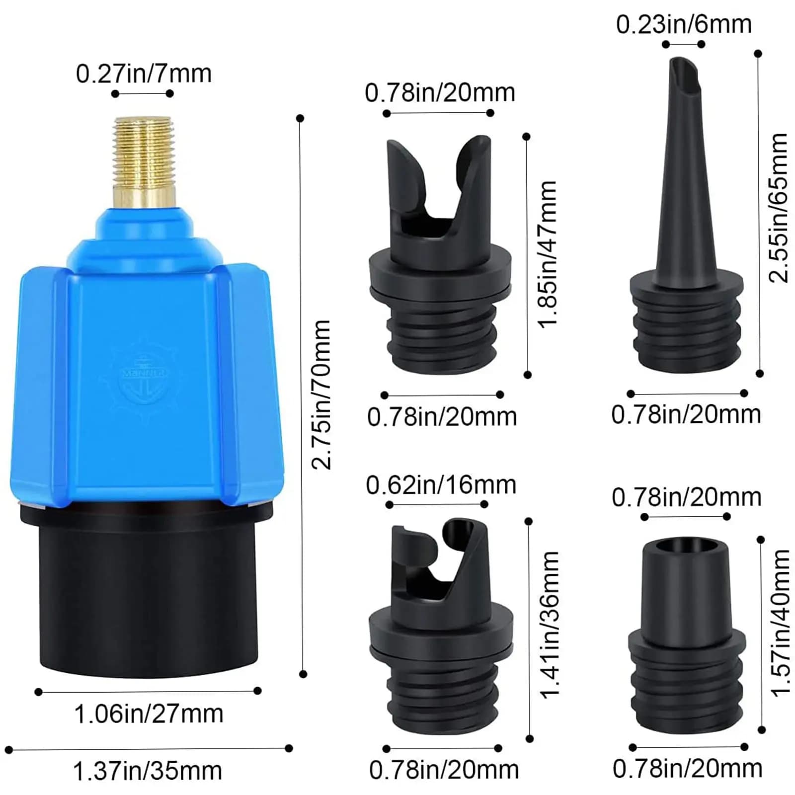 Paddle Board Valve Adapter Rubber Boat Canoe Kayak Pump Converter with 4 Nozzles