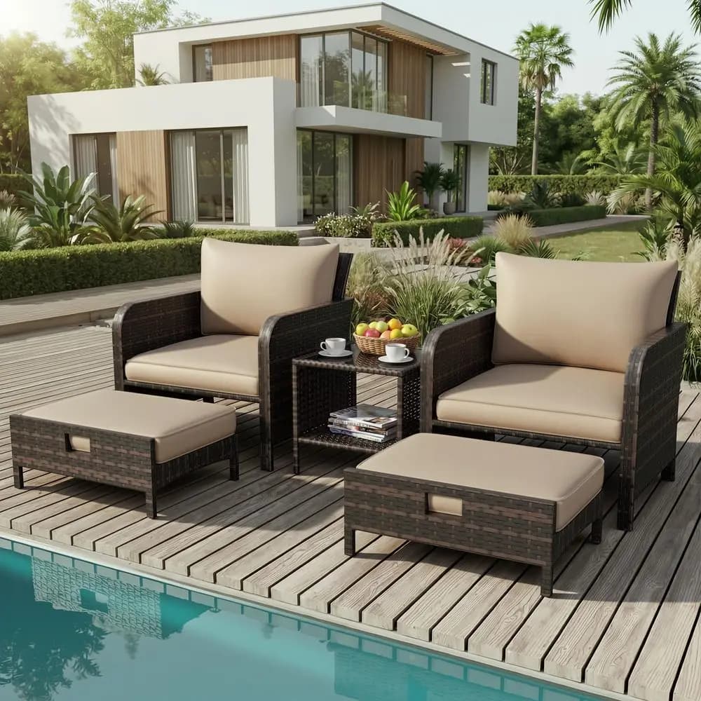 Patio Conversation Set 5 Piece, Balcony Furniture Outdoor PE Rattan Wicker Lounge Chairs with Soft Cushions, 2 Ottomans amp Gla
