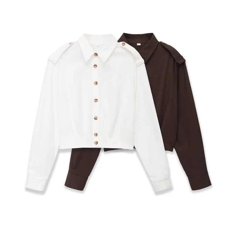 Women's Two-Color Pleated Cropped Button Down Shirt - Spring Summer Casual Long Sleeve Blouse for Work & School