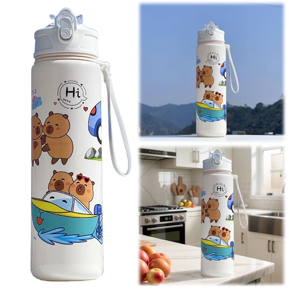 Bottiglia d'acqua isolata Capybara da 800 ml con cannuccia e manico Bottiglia sportiva portatile Tazza d'acqua Kawaii per ragazzi e ragazze Quotidiano
