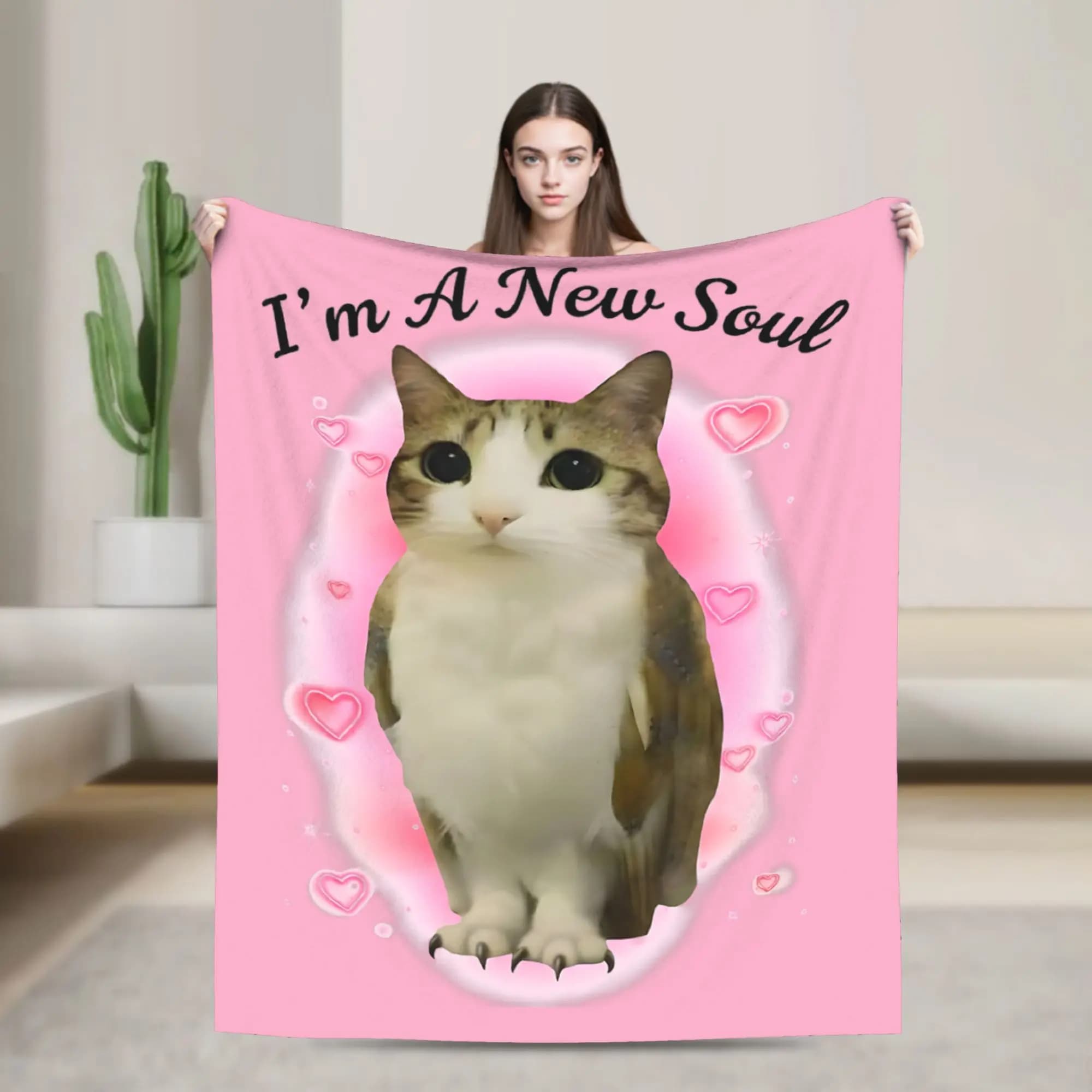 Coperta in peluche I'm A New Soul Meowl Cat Owl per studenti, in flanella, calda e personalizzabile, per divano, sedia o letto