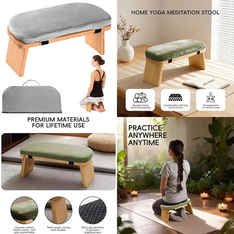 Modern Folding Meditation Stool with Velvet Cushion Bamboo Footstool Prayer Seat Portable Carry Bag for Living Room Yoga