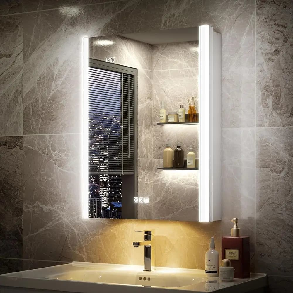 Illuminated Medicine Cabinet Mirror, 20x26, Surface or Recessed, LED Storage Mirror with Built-in Sensor Light and Night Lamp