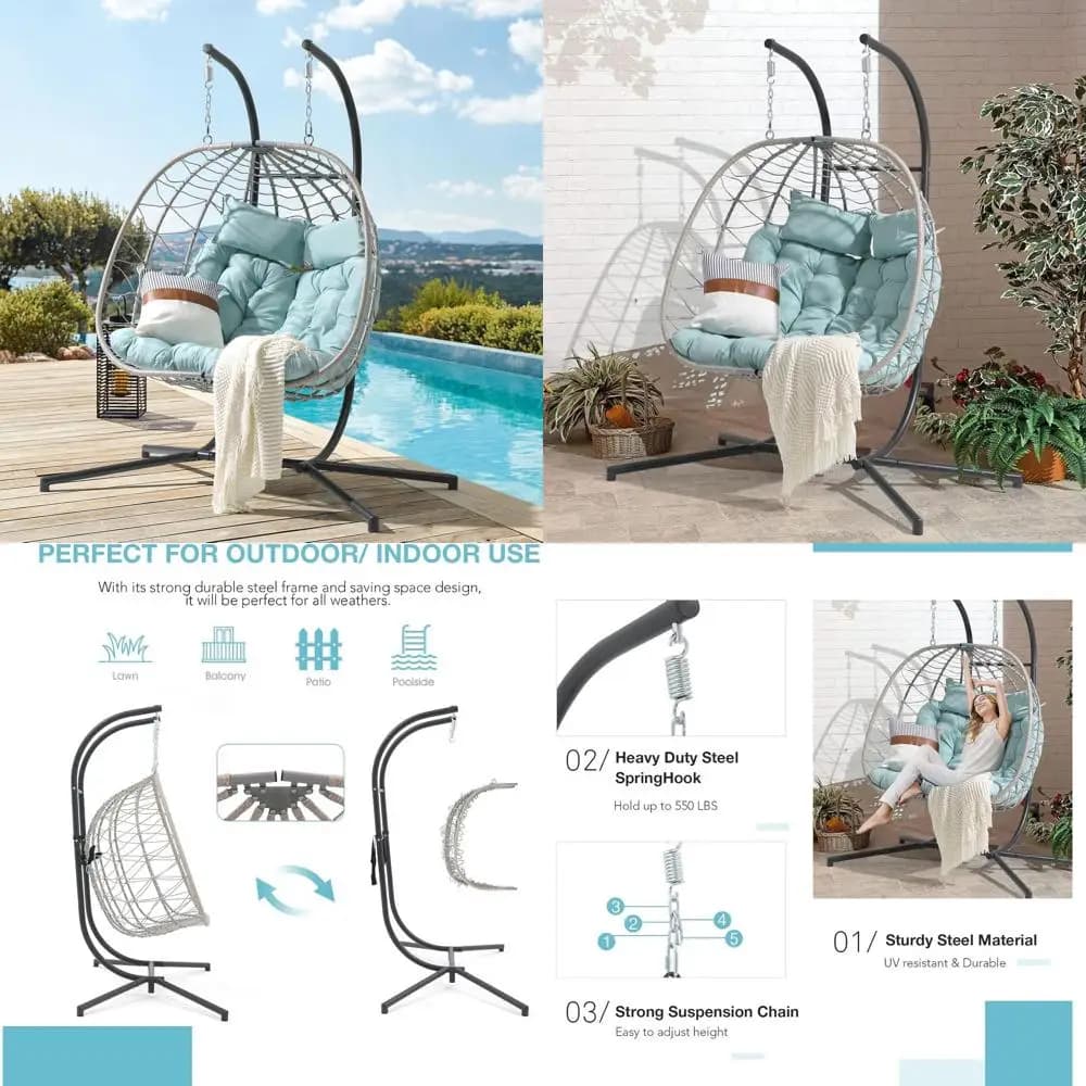 Sedia a dondolo a forma di uovo per 2 persone con cuscino e guanciale, sedia sospesa in vimini per interni/esterni per patio, giardino o camera da letto (Ligh