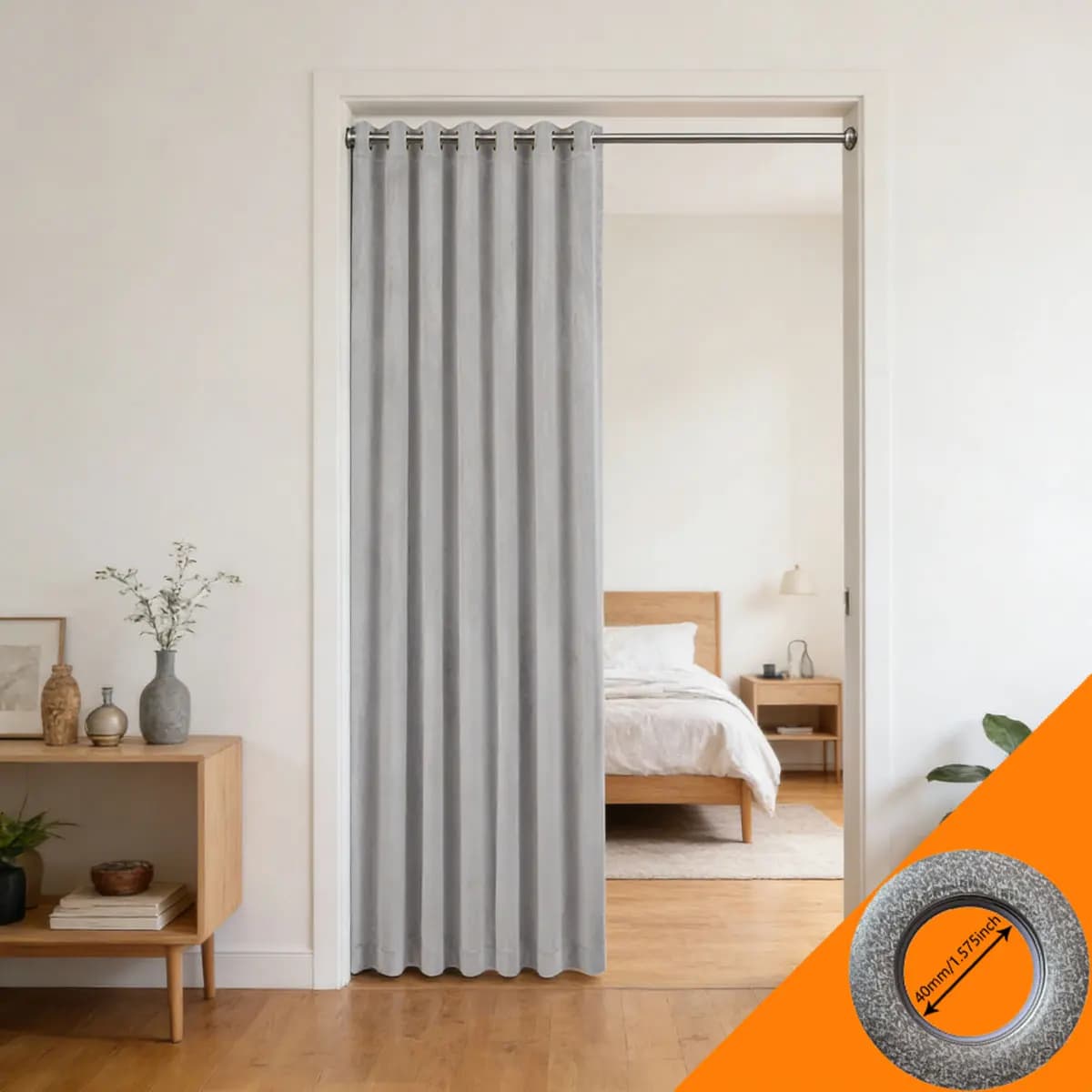 Tenda per porta in velluto grigio neutro, 1 pezzo, divisorio per ambienti in stile scandinavo con riduzione del rumore, disponibile in vari colori