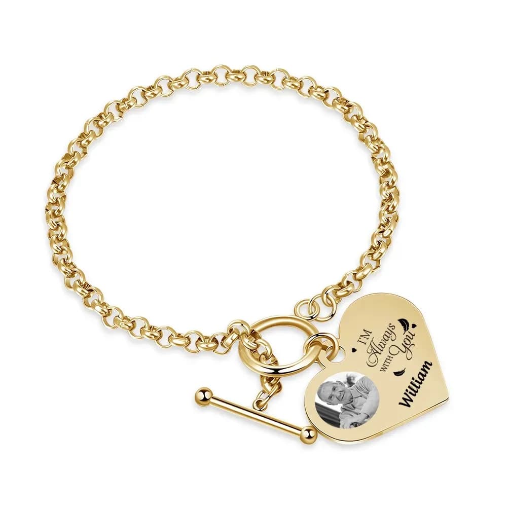 Braccialetto Personalizzato a Forma di Cuore con Foto e Nome Inciso, in Acciaio Inossidabile Placcato Oro 18K, Gioiello Commemorativo per Coppie, Regalo per Lei