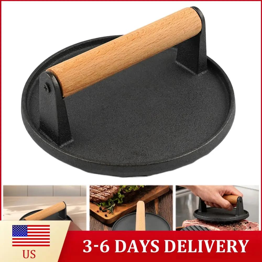 Small Bacon Press with Wood Handle, Anti-stick Cast Iron Burger Press, Machine for Pressing Meat and Steaks for Grid and Plate