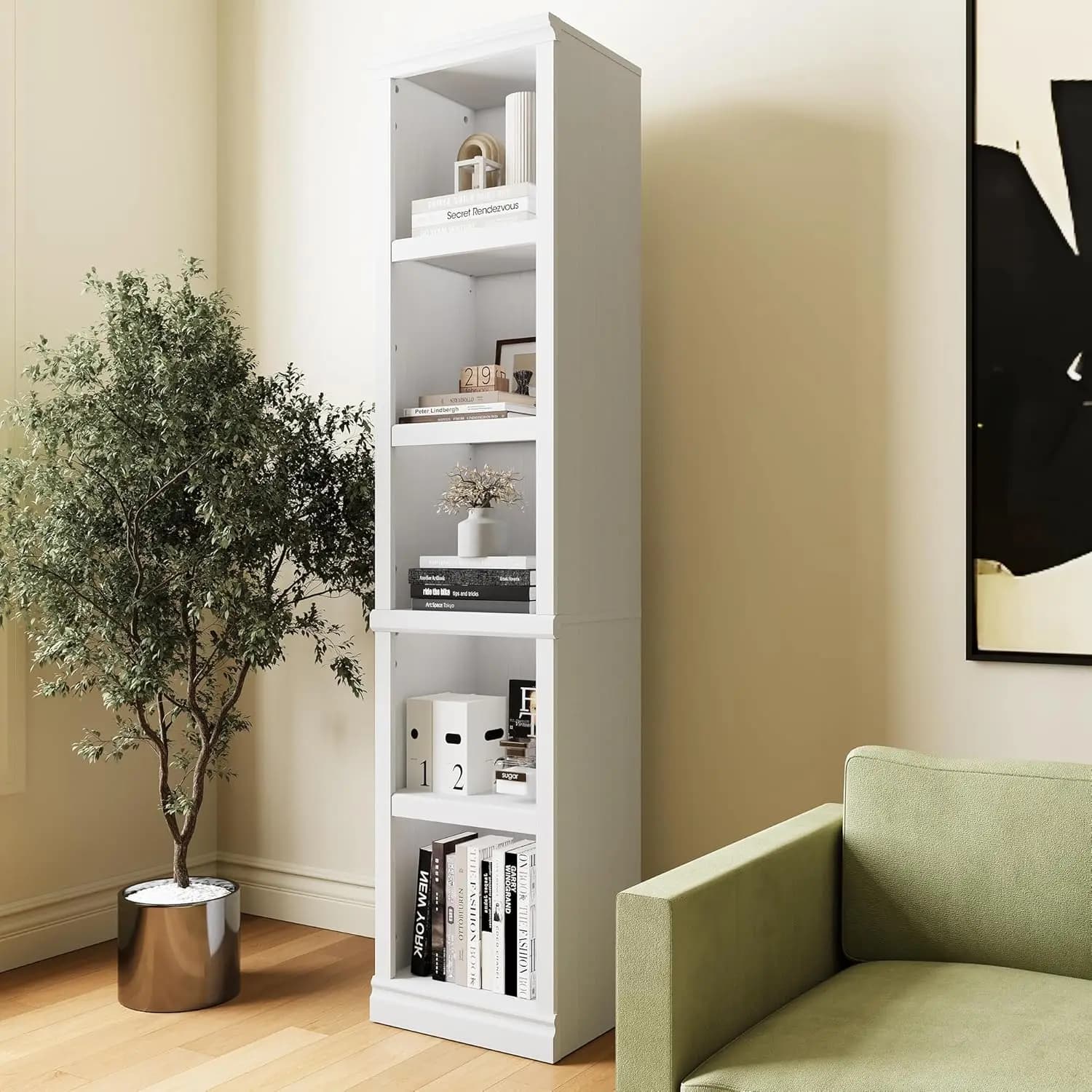 Libreria alta 70 pollici, scaffale stretto bianco da terra, organizer aperto a 5 ripiani, libreria personalizzabile
