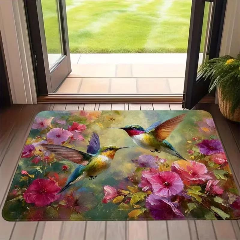 Colorful Hummingbird and Flower Print Doormat Vibrant Garden Design Non Slip Floor Mat for Nature Lovers
