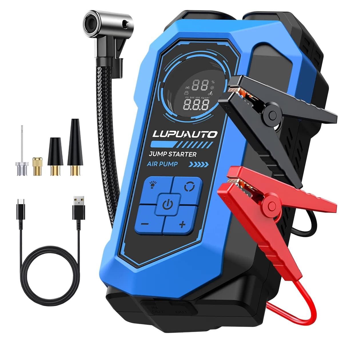 Avviatore di emergenza 4 in 1 per auto con compressore d'aria, picco 3000A, booster per batteria auto, pompa d'aria 150PSI, power bank portatile, gonfiatore per pneumatici