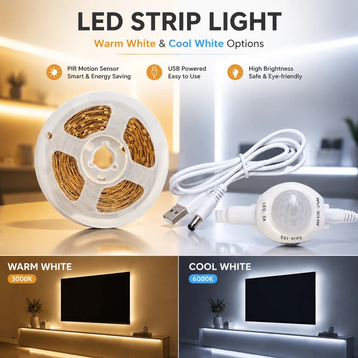 Motion Sensor LED Strip Light USB 1‑10M Flexible Tape Warm & Cool White for Stair Closet Bedroom Cabinet Home Lighting